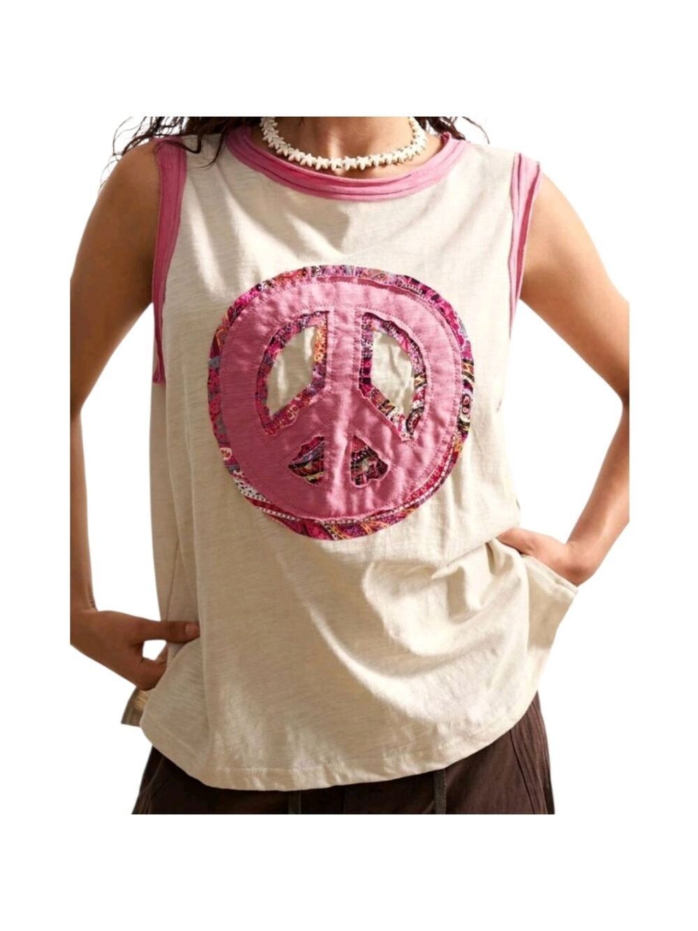 BOHO 100% Cotton Sleeveless Tank Top Beige Color Size XL